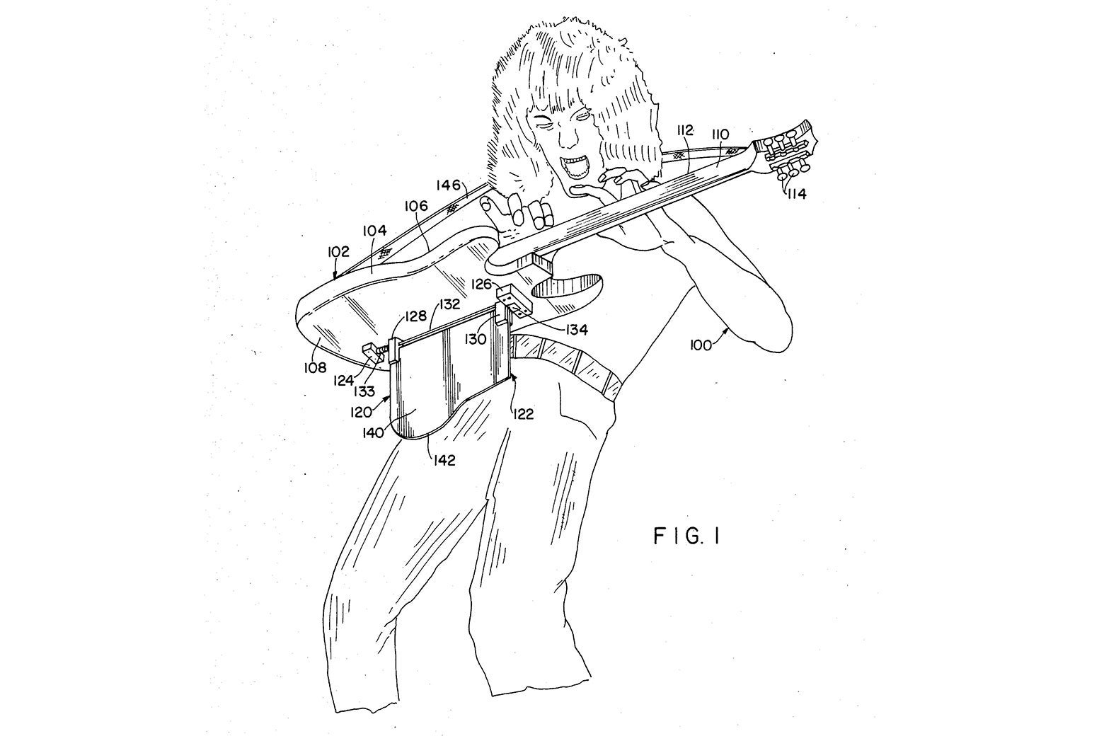 A drawing of a long-haired guitarist absolutely wailing on a guitar.
