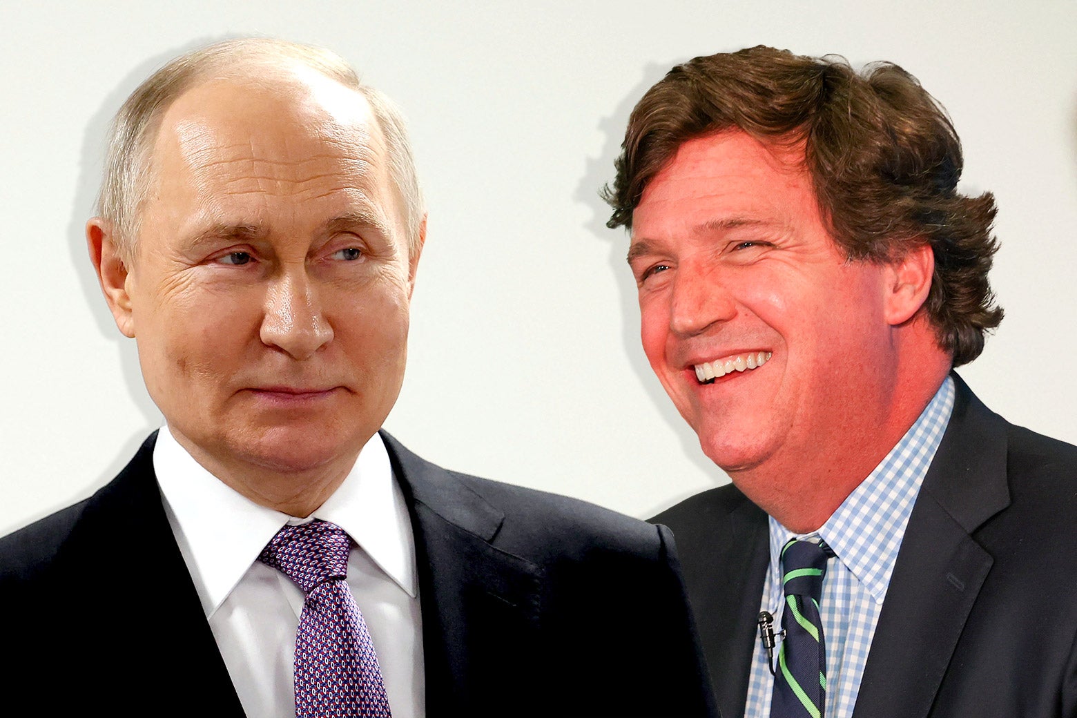 Two separate images of Putin and Tucker Carlson placed side by side. Putin has a wry smile on his face and Tucker has a huge goofy grin.