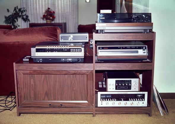 Cable TV tuner box, Betamax player (with wired remote), turntable, RCA select-a-vision video disc player, 8 track player, receiver, around 1987.