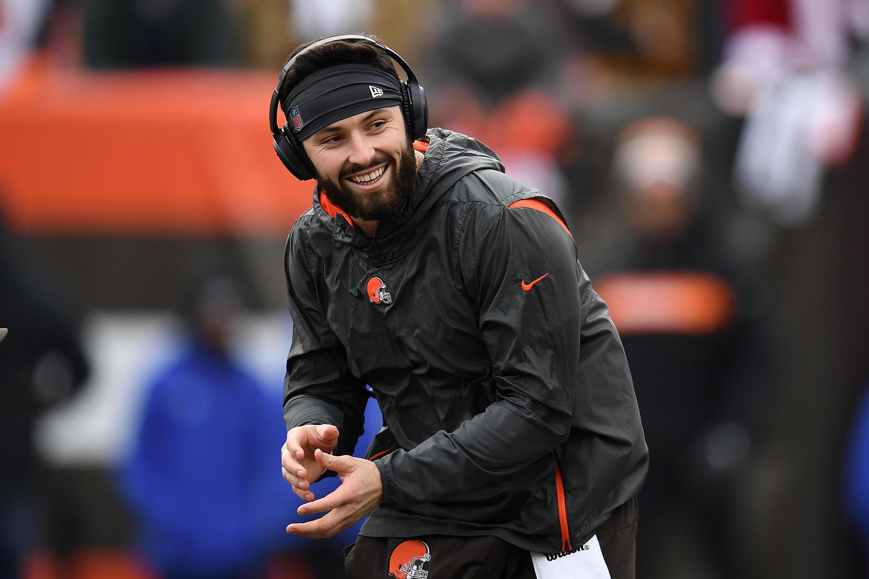 Cleveland Browns quarterback Baker Mayfield (6) and wide receiver Breshad  Perriman (19) celebrate in the first half of an NFL football game against  the Cincinnati Bengals, Sunday, Nov. 25, 2018, i …