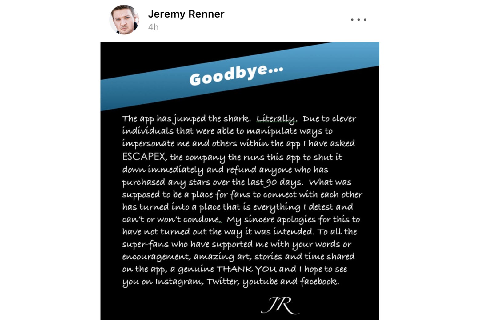 Jeremy Renner Has Shut Down His Official App After It Was Overrun By ...