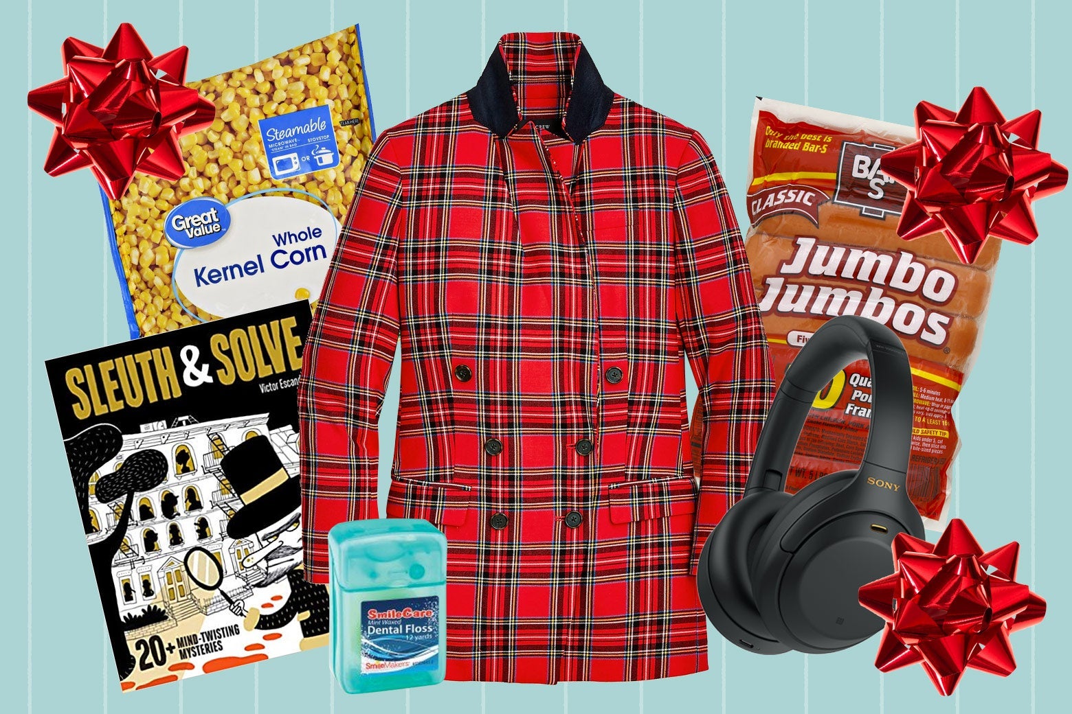A collage including a plaid women's suit, noise-canceling headphones, dental floss, a book called Sleuth and Solve, a bag of frozen corn, a package of hot dogs, and three red bows around the edges.