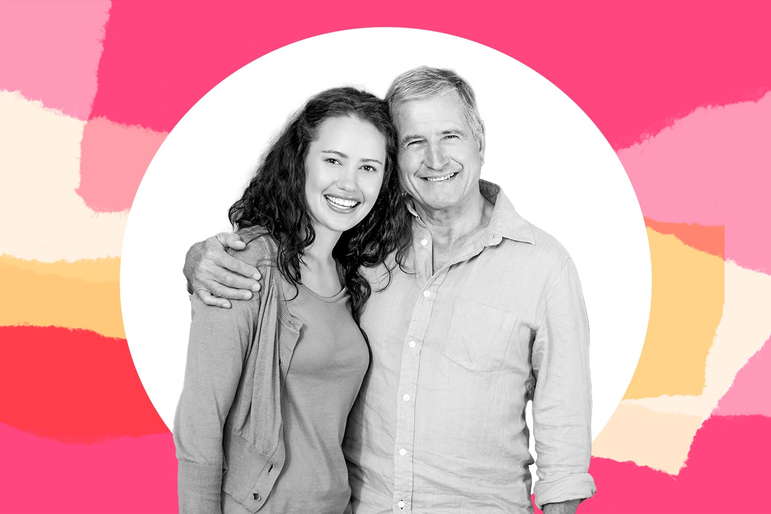 Older man and younger woman hugging.