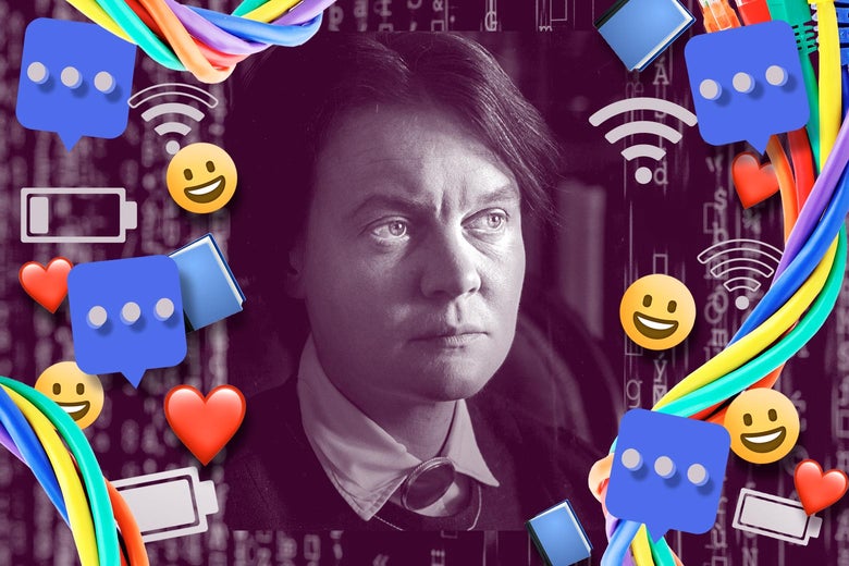 Iris Murdoch's headshot is surrounded by smiling emoji, message-app symbols, hearts, Wi-Fi signals, phone battery indicators, and ethernet cables.