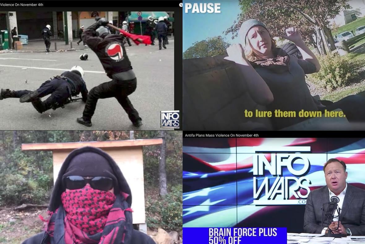 Screenshots from four videos are seen. On the top left is someone about to strike another person with a stick. Bottom left, a person donning sunglasses, a scarf, and a hood. Bottom right, Alex Jones is on Infowars hawking "Brain Force." Top right, a woman speaks to a person and points behind her.