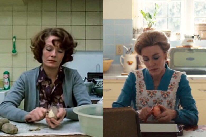 On the left, Jeanne Dielman peels a potato. On the right, Phyllis Schlafly peels an apple. The two images are strikingly similar, with the women seated, dressed in blue-gray, against the tile of their kitchens, centered facing the audience.