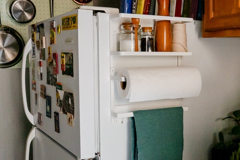 Shelves and rods on the side of a refrigerator