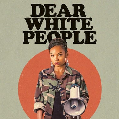 Title card for Dear White People, featuring a character holding a megaphone.