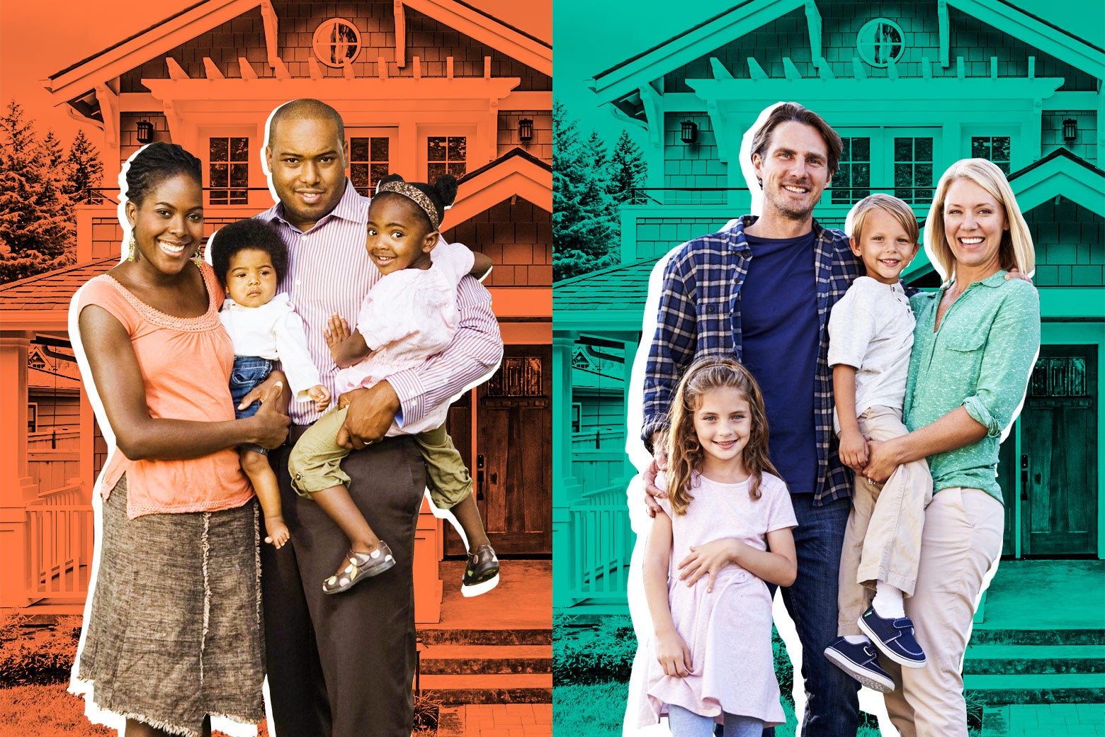 Diptych of a black family in front of a suburban house and a white family in front of the same suburban house.