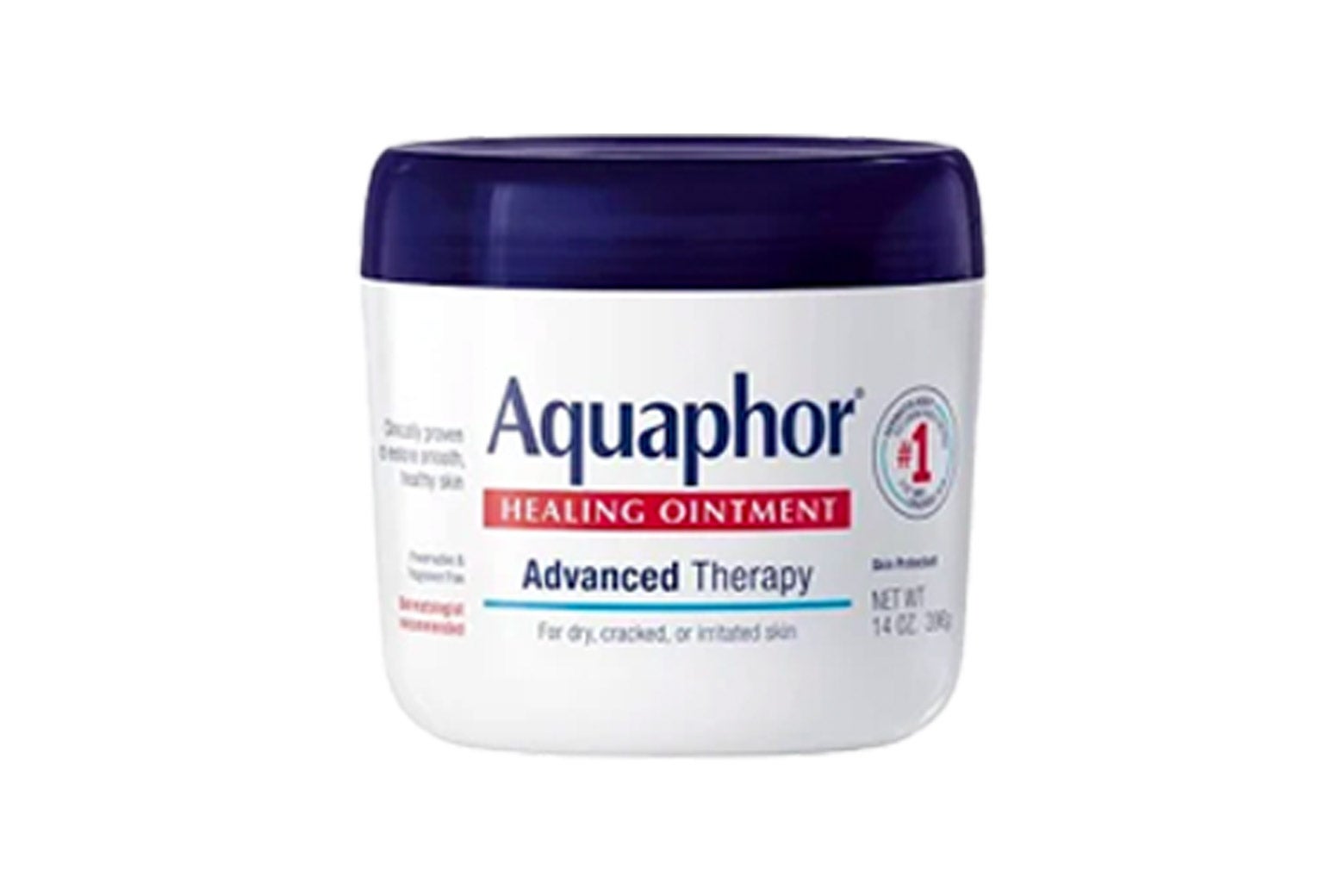 A white tub of Aquaphor Healing Ointment with a blue lid.
