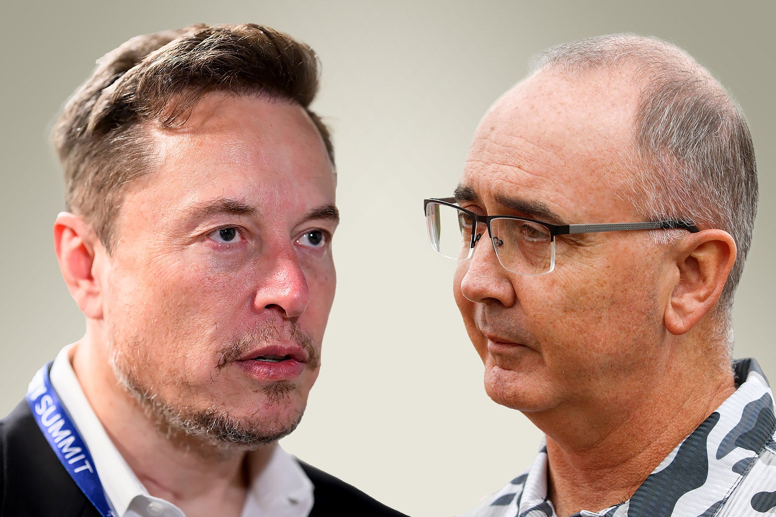 A photo illustration of Elon Musk and UAW president Shawn Fain.