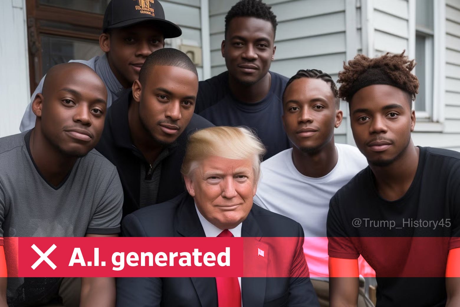 Donald Trump smiles surrounded by 6 young Black men who are also smiling. 