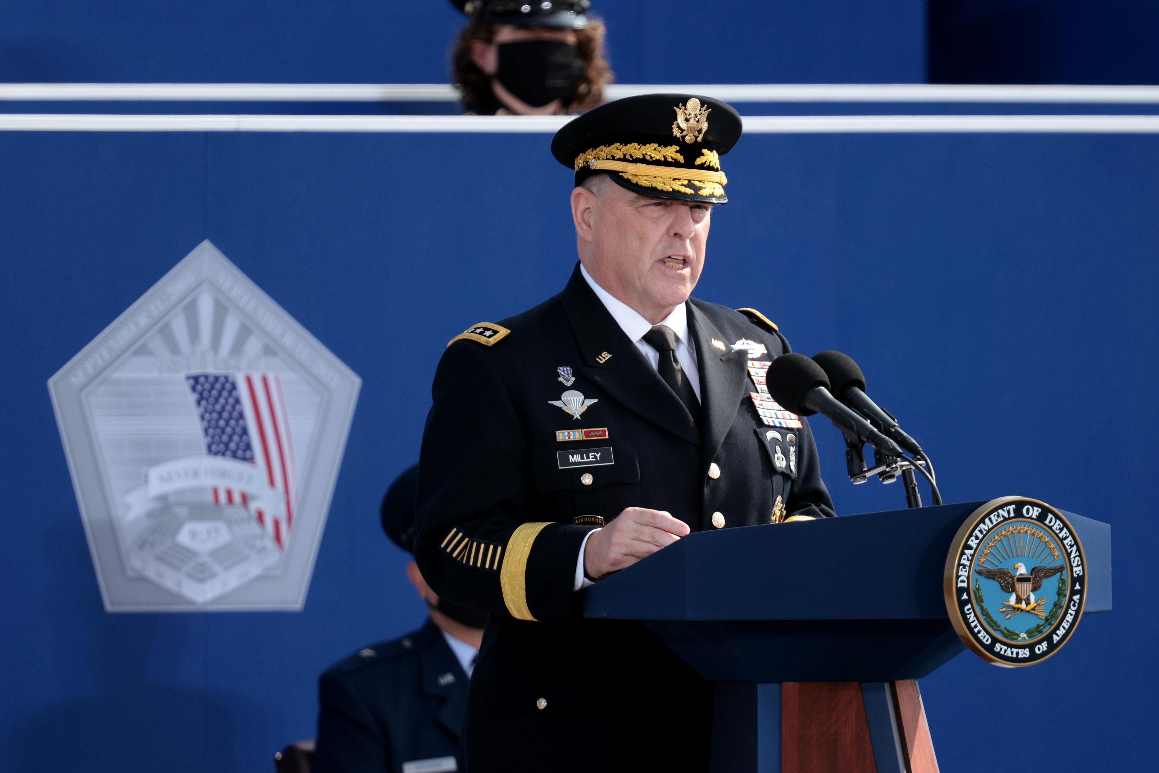 Gen. Mark Milley, in military regalia, speaks at a lectern.