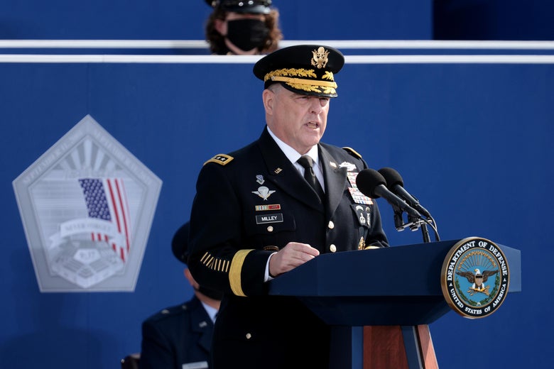 Gen. Mark Milley, in military regalia, speaks at a lectern.