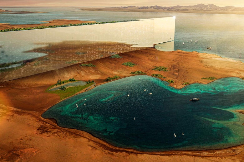 A rendering of The Line, the proposed linear city along the Red Sea.
