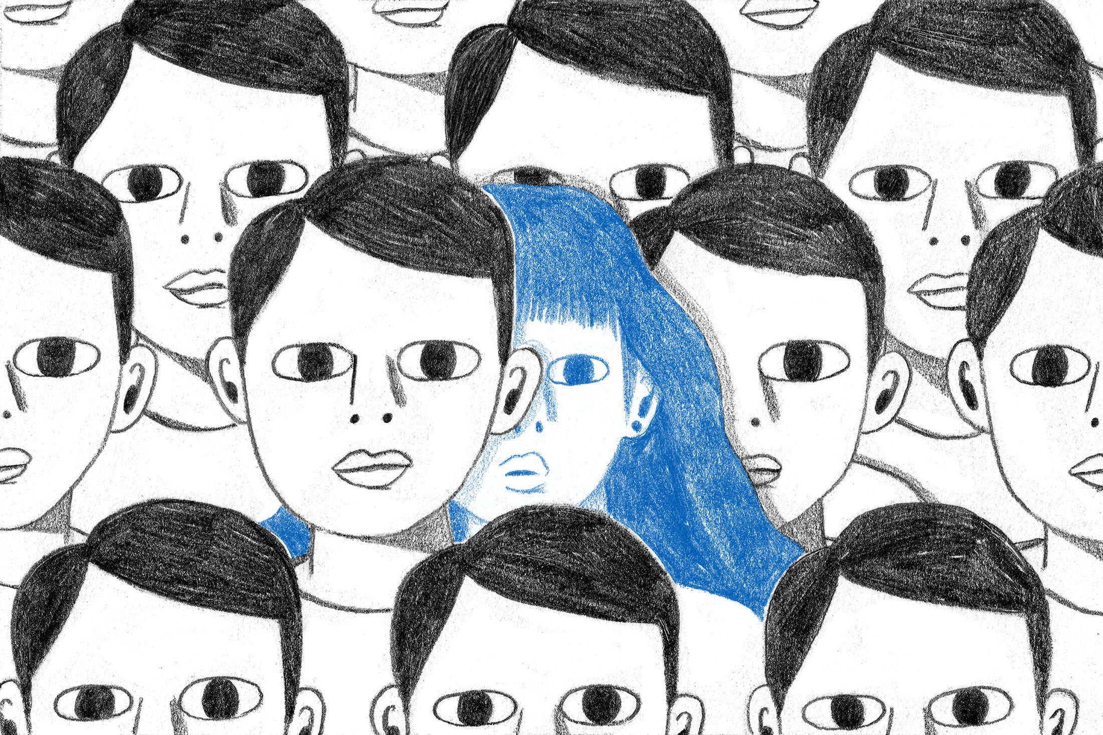 A crowd of Asian men with a solitary Asian woman standing at the center of the composition.