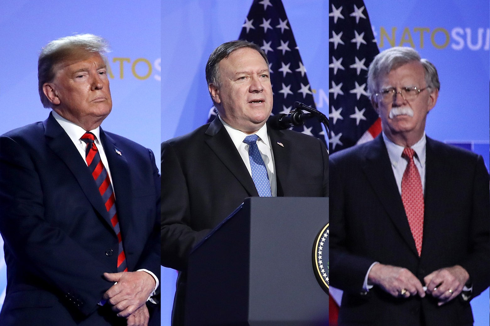 Donald Trump, Mike Pompeo, and John Bolton.