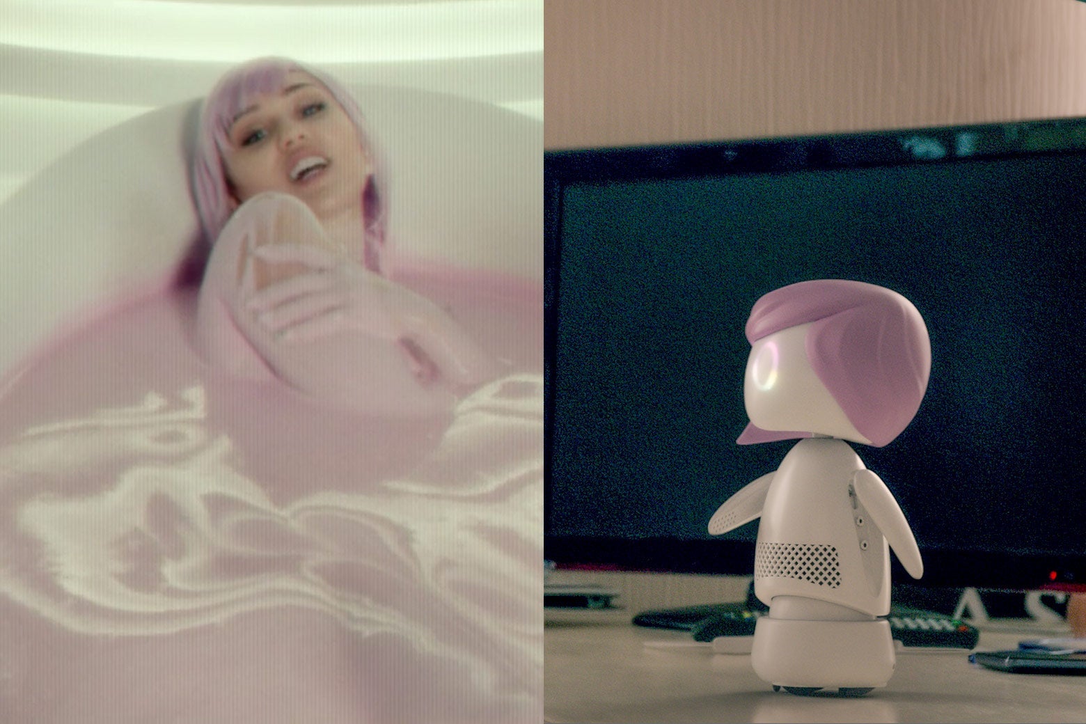 In this side-by-side still from Black Mirror, Miley Cyrus' character bathes in some pink milk bath. In the other image, the Ashley Too doll sits.
