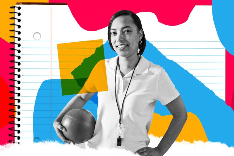 A woman in a polo shirt with a whistle around her neck holds a basketball.