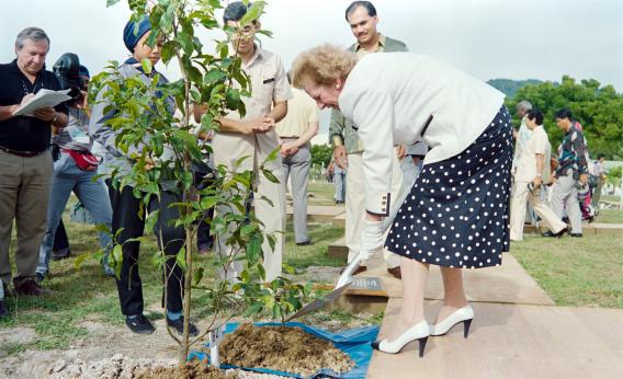 Margaret Thatcher plants a tree