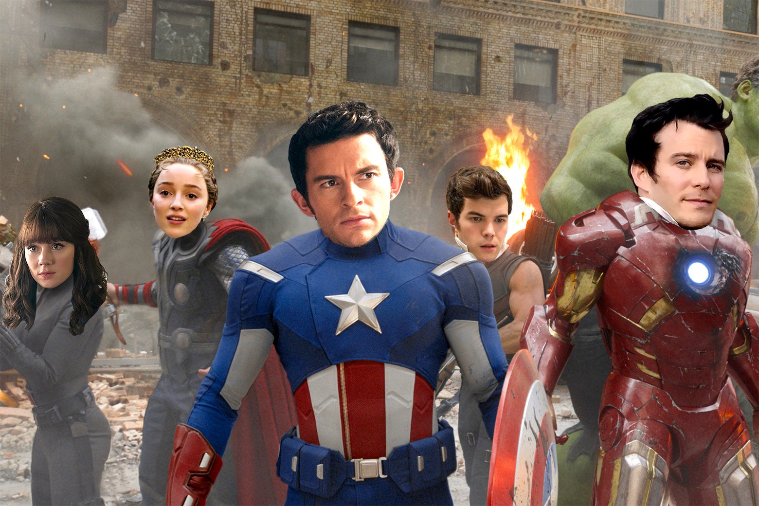 Characters from Netflix's Bridgerton's heads are positioned on the bodies of superheroes from the Avengers. Claudia Jessie as Black Widow, Phoebe Dynevor as Thor, Jonathan Bailey as Captain America, Luke Newton as Hawkeye, Luke Thompson as Iron Man.