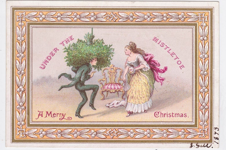 Illustration of a gentleman with a giant clump of mistletoe over his head approaching a lady