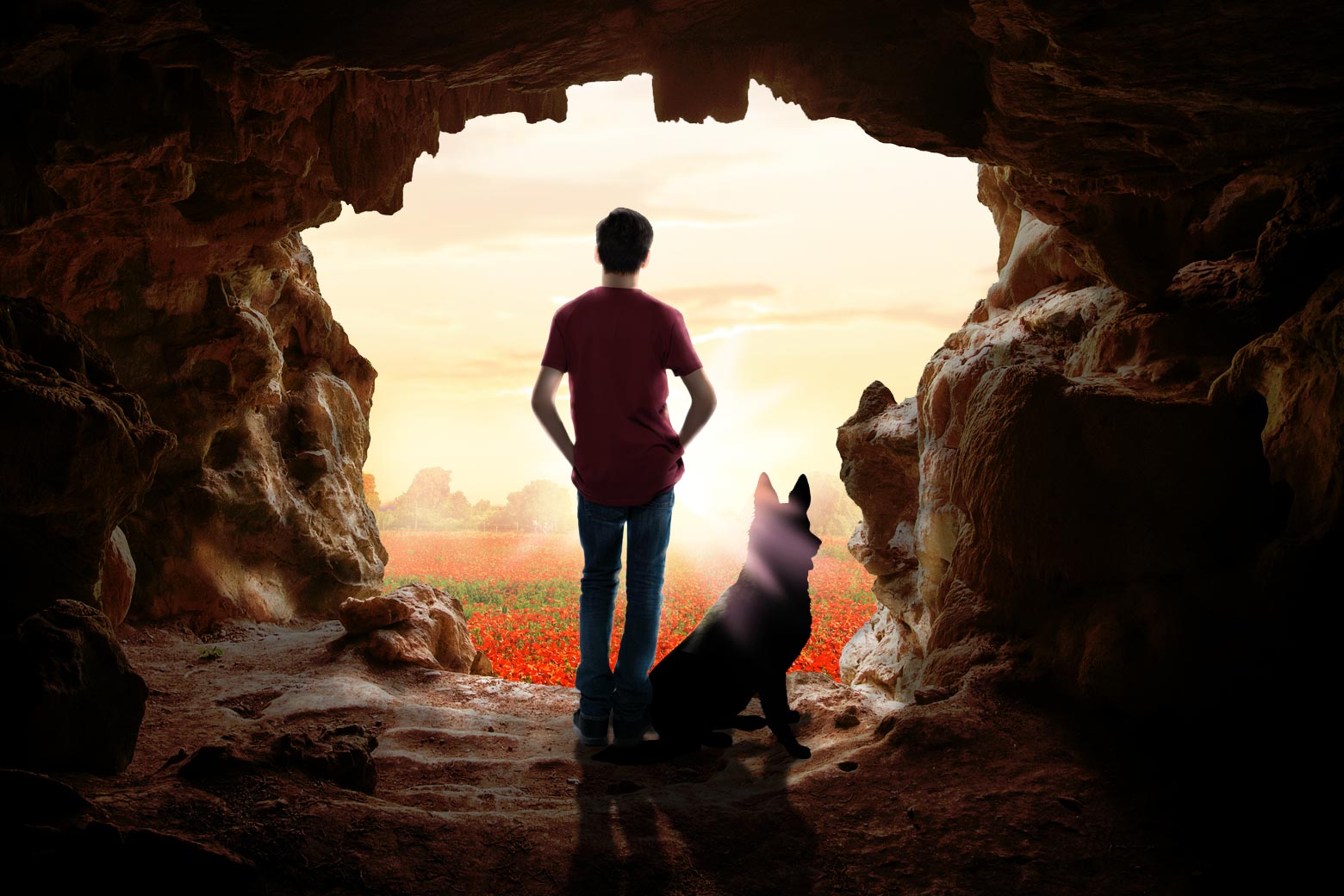 We're inside a cave, looking out through the opening. We can see a huge field full of sunlit poppies like in the Wizard of Oz. Silhouetted against the poppies, standing at the mouth of the cave, are a teenage boy and a German shepherd.