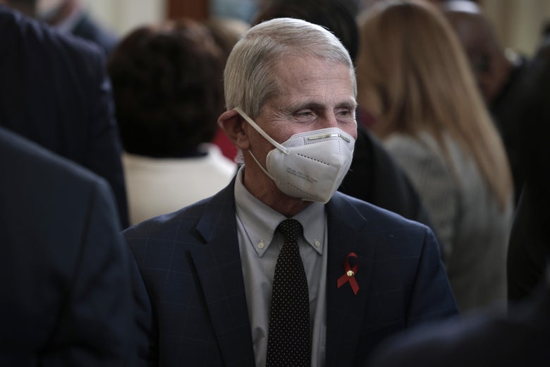 Fauci in a mask standing amid a crowd of people