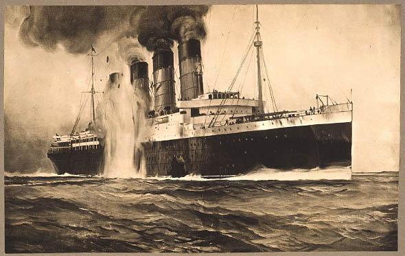 the R.M.S. Lusitania as a second torpedo hits behind a gaping hole in the hull, off Kinsale Head, Ireland.