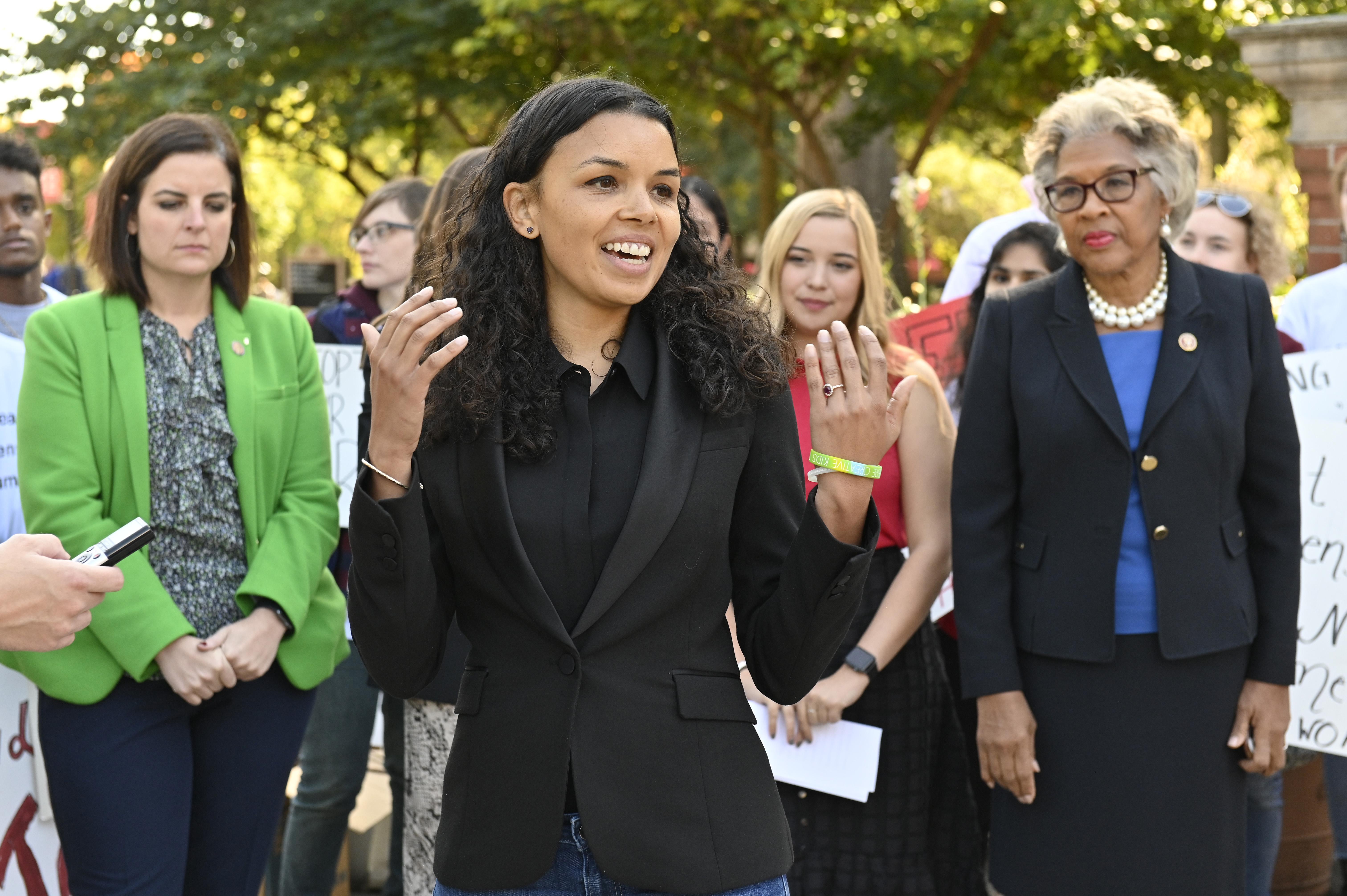 Morgan Harper, a House candidate for Ohio's Third District speaks during the United For Access Press Event at Otterbein University in October. 