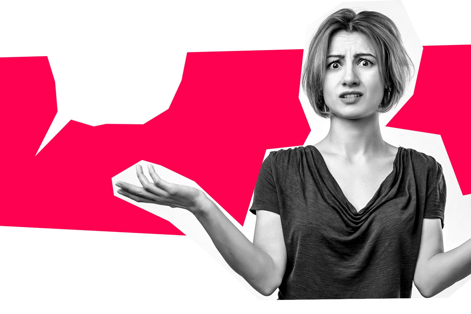 Collage of a bewildered white woman shrugging next to a white speech bubble voiced to the left. 