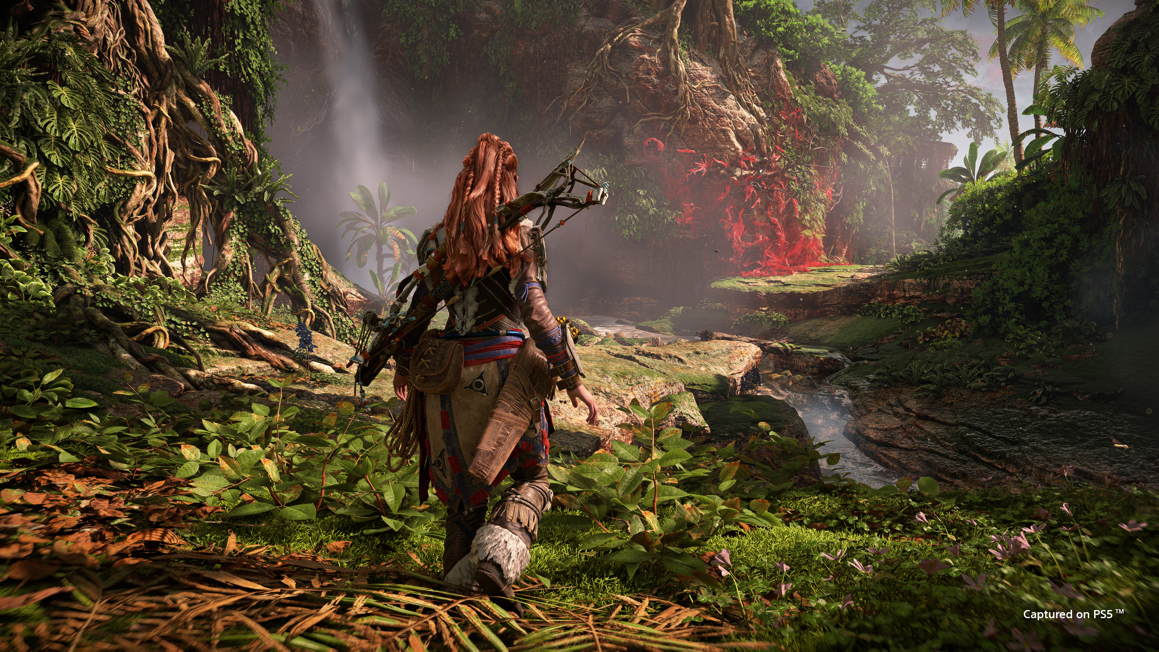 A woman stands in a jungle.