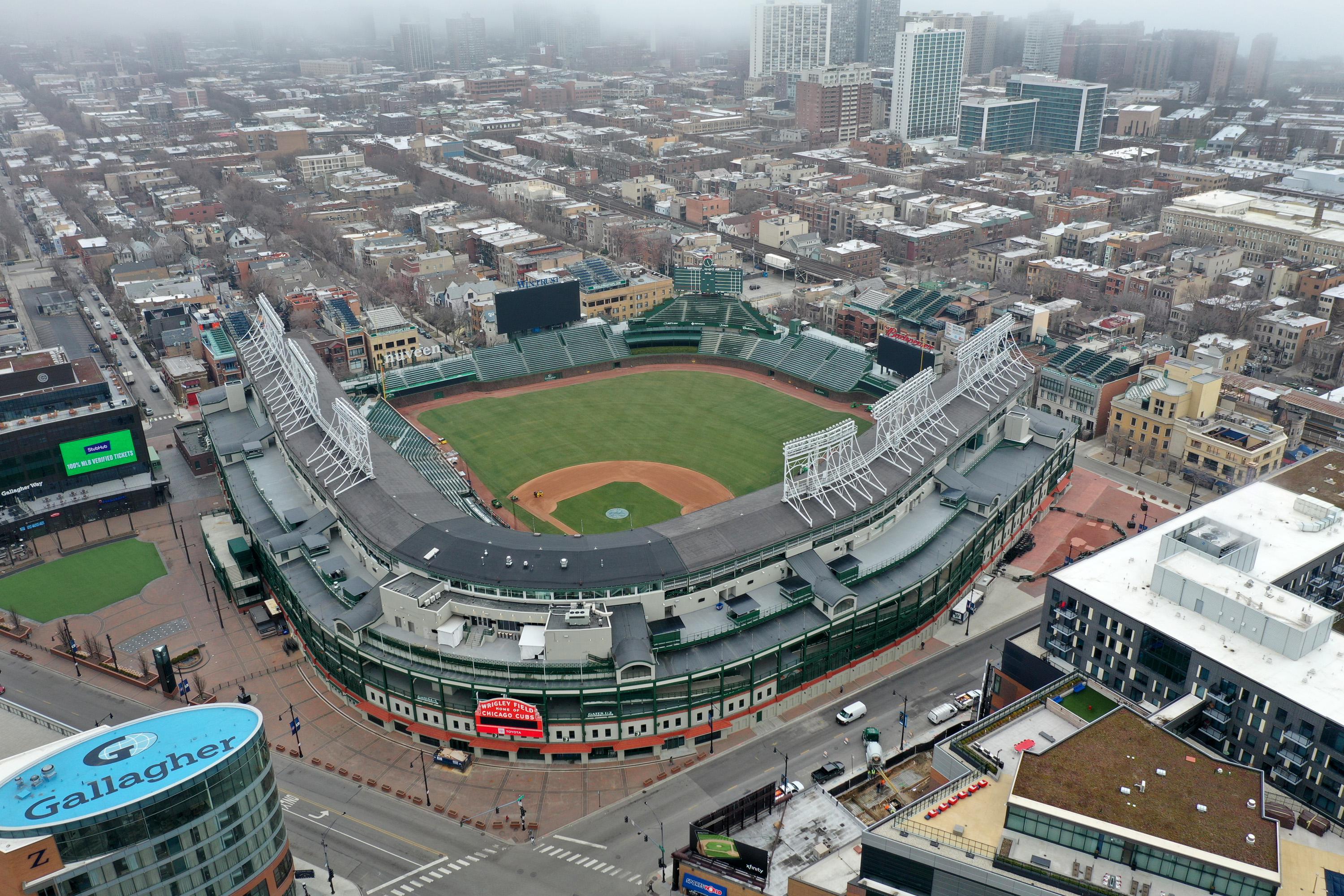 An aerial view of an empty baseball stadium