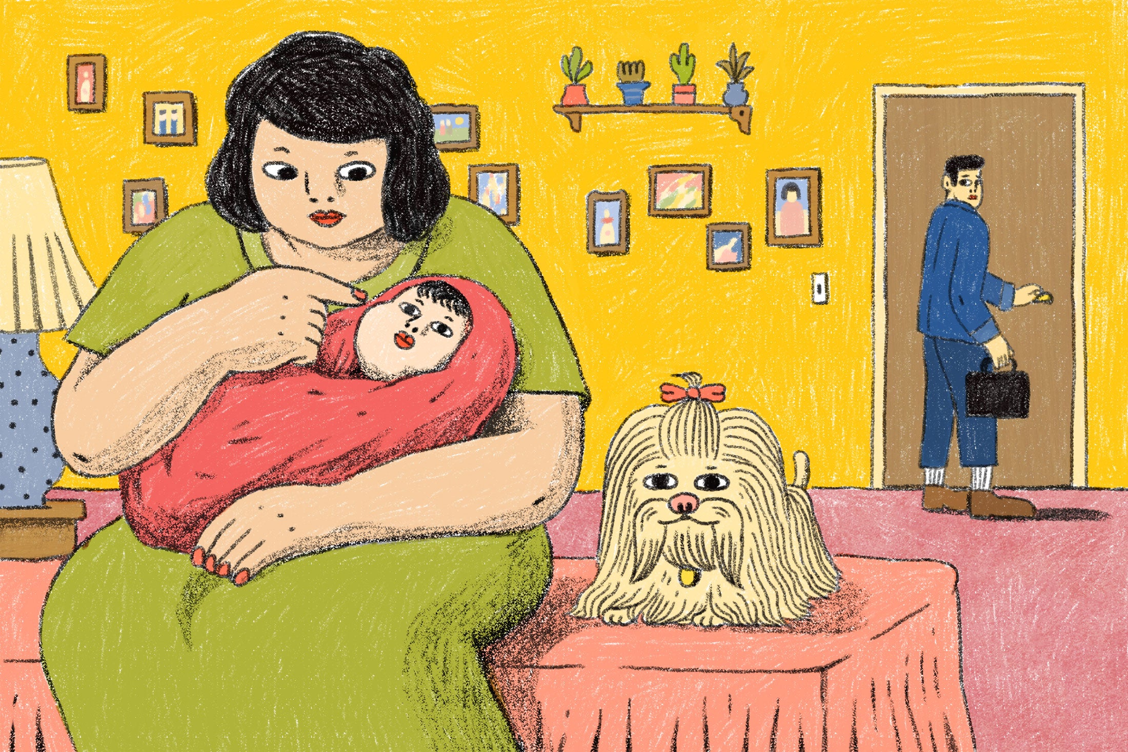 Illustration: a woman cares for a baby while sitting on a bed as a man leaves for work, but looks back at them.