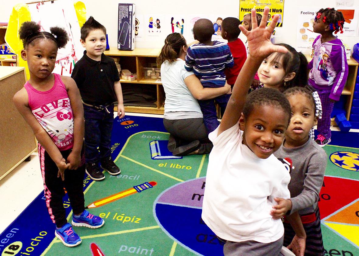 Four-year-old kids playing and learning in a Head Start class at Hernandez Center, Detroit.