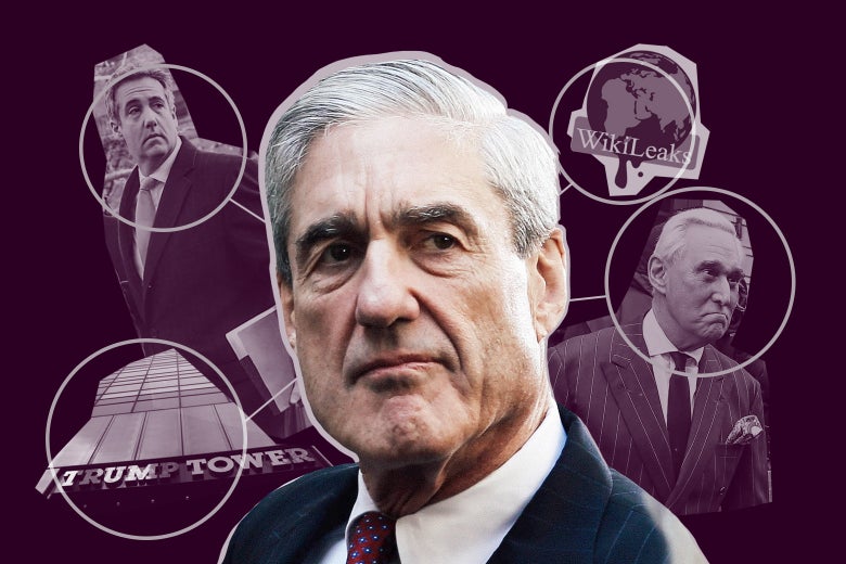 Collage of Robert Mueller surrounded by Trump Tower, Michael Cohen, the WikiLeaks logo, and Roger Stone.