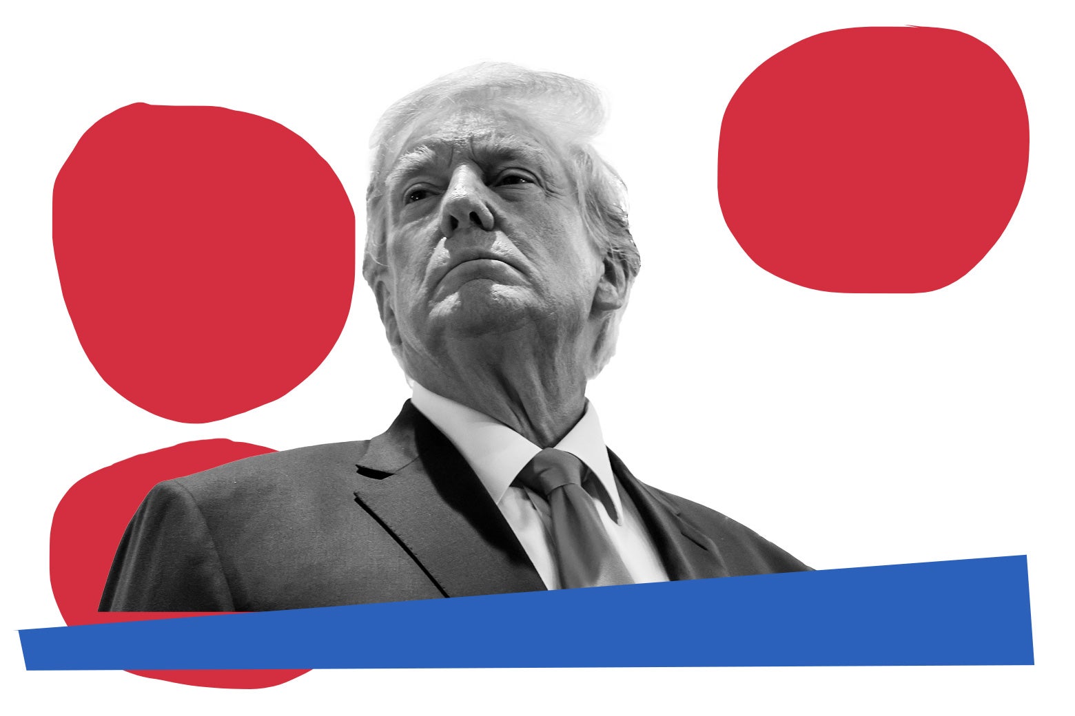 Donald Trump's head surrounded by red and blue shapes