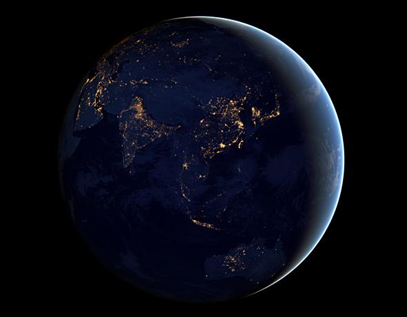 This image of Asia and Australia at night is a composite assembled from data acquired by the Suomi NPP satellite in April and October 2012. The new data was mapped over existing Blue Marble imagery of Earth to provide a realistic view of the planet.