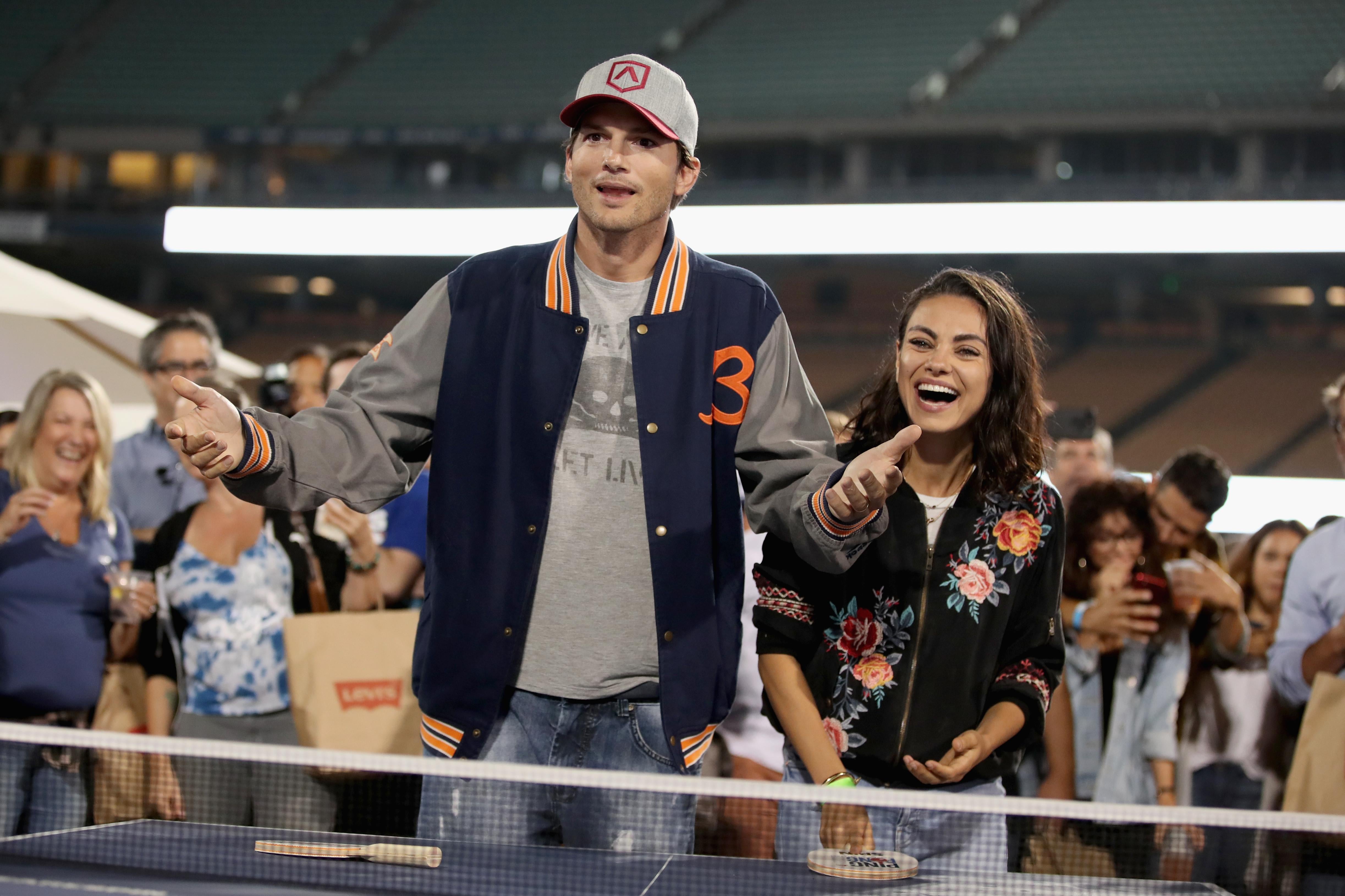 LOS ANGELES, CA - AUGUST 23:  (L-R) Ashton Kutcher and Mila Kunis play ping pong at  Clayton Kershaw's 6th Annual Ping Pong 4 Purpose on August 23, 2018 in Los Angeles, California.  (Photo by Christopher Polk/Getty Images for Kershaw's Challenge  )