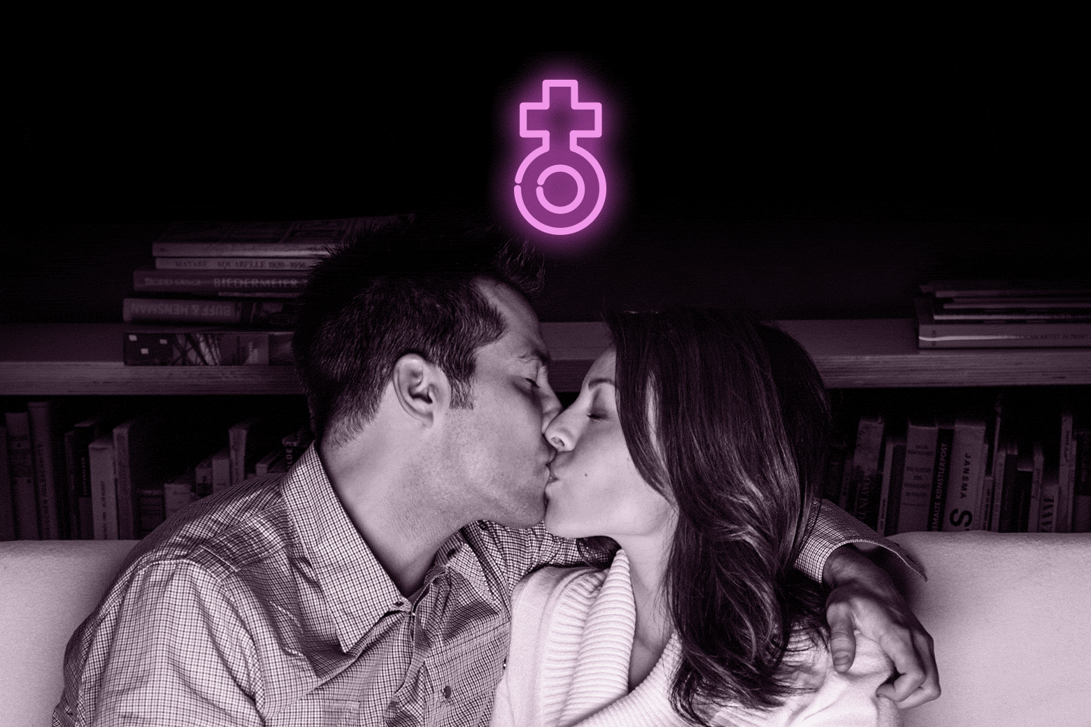 A couple kissing under a "woman" symbol.