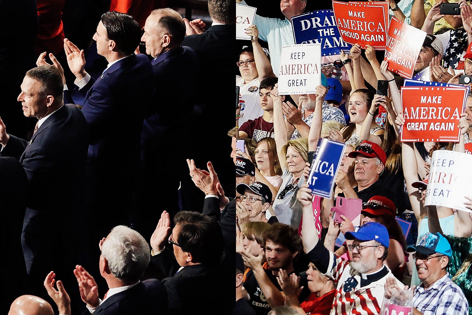 Side-by-side photo illustration: On the left, GOP congressional members clap. On the right, Donald Trump fans hold up election slogan signs that say "Make America Great Again" and "Drain the Swamp," among others.