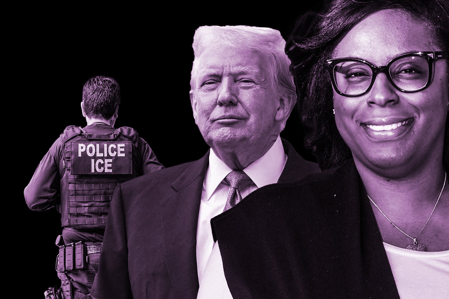 An ICE officer, Donald Trump, and LaMonica MacIver.