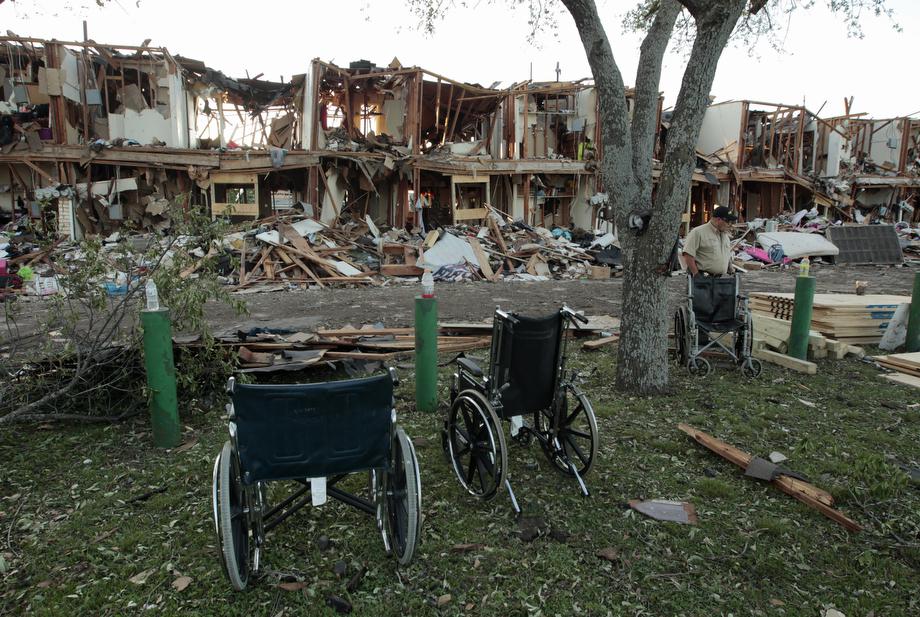 The remains of an apartment complex next to the fertilizer plant that exploded yesterday afternoon on April 18, 2013 in West, Texas.