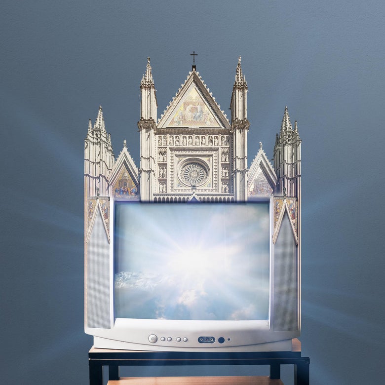 Bright light in a blue sky displayed on a TV topped with Catholic cathedral architecture