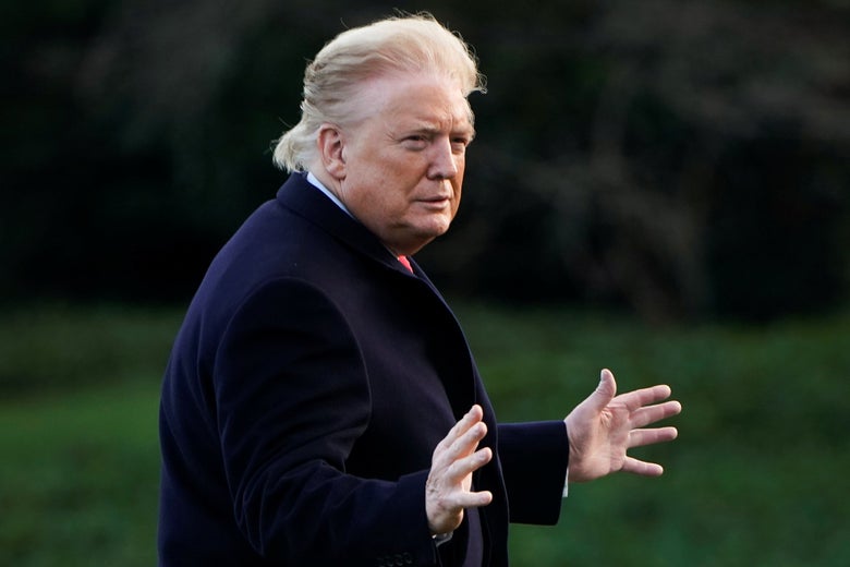 President Donald Trump walks across the South Lawn to the Oval Office as he returns from a day trip from North Carolina at the White House in Washington, D.C. on February 7, 2020.