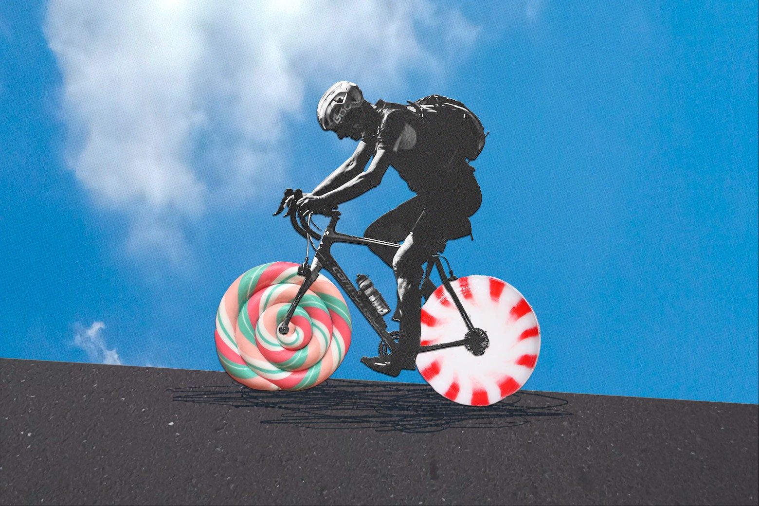 Man biking uphill on a candy-wheeled bicycle. 