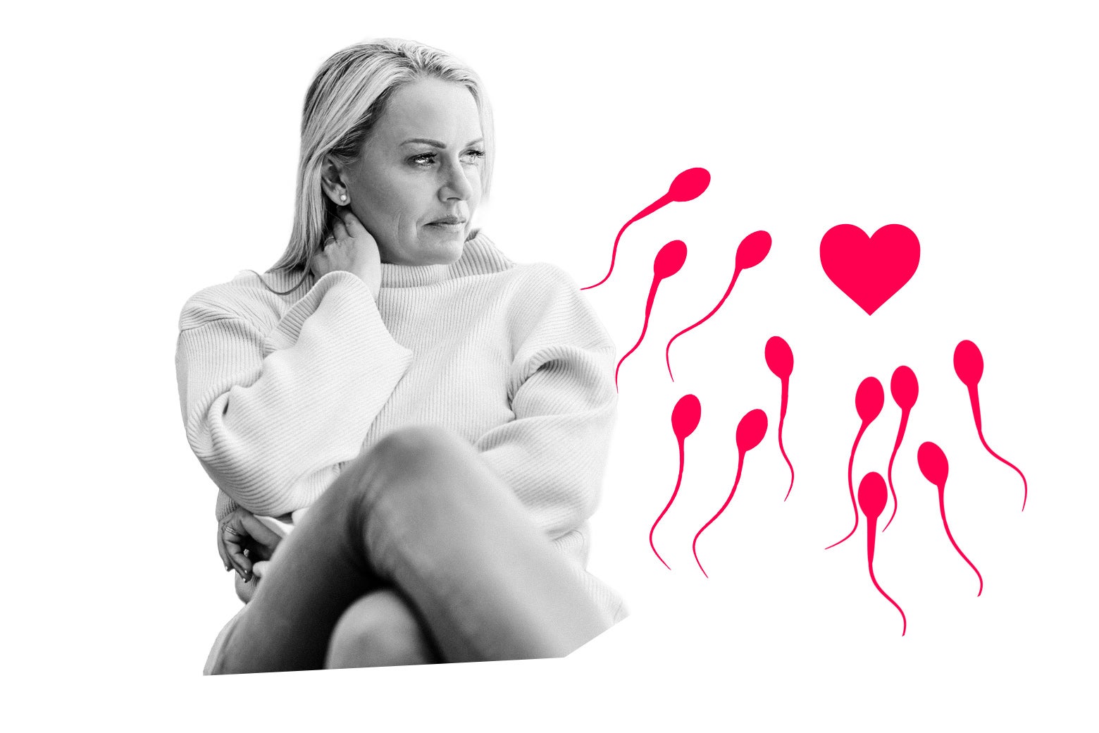 Blonde woman looking off to the right where sperm are floating toward a heart.