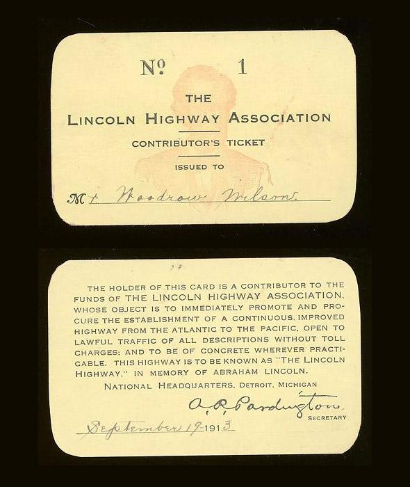 Woodrow Wilson’s Lincoln Highway Association membership card, 1913