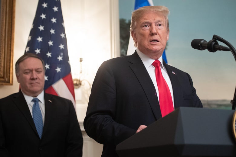 President Donald Trump speaks alongside Secretary of State Mike Pompeo in the Diplomatic Reception Room at the White House in Washington, D.C. on March 25, 2019.