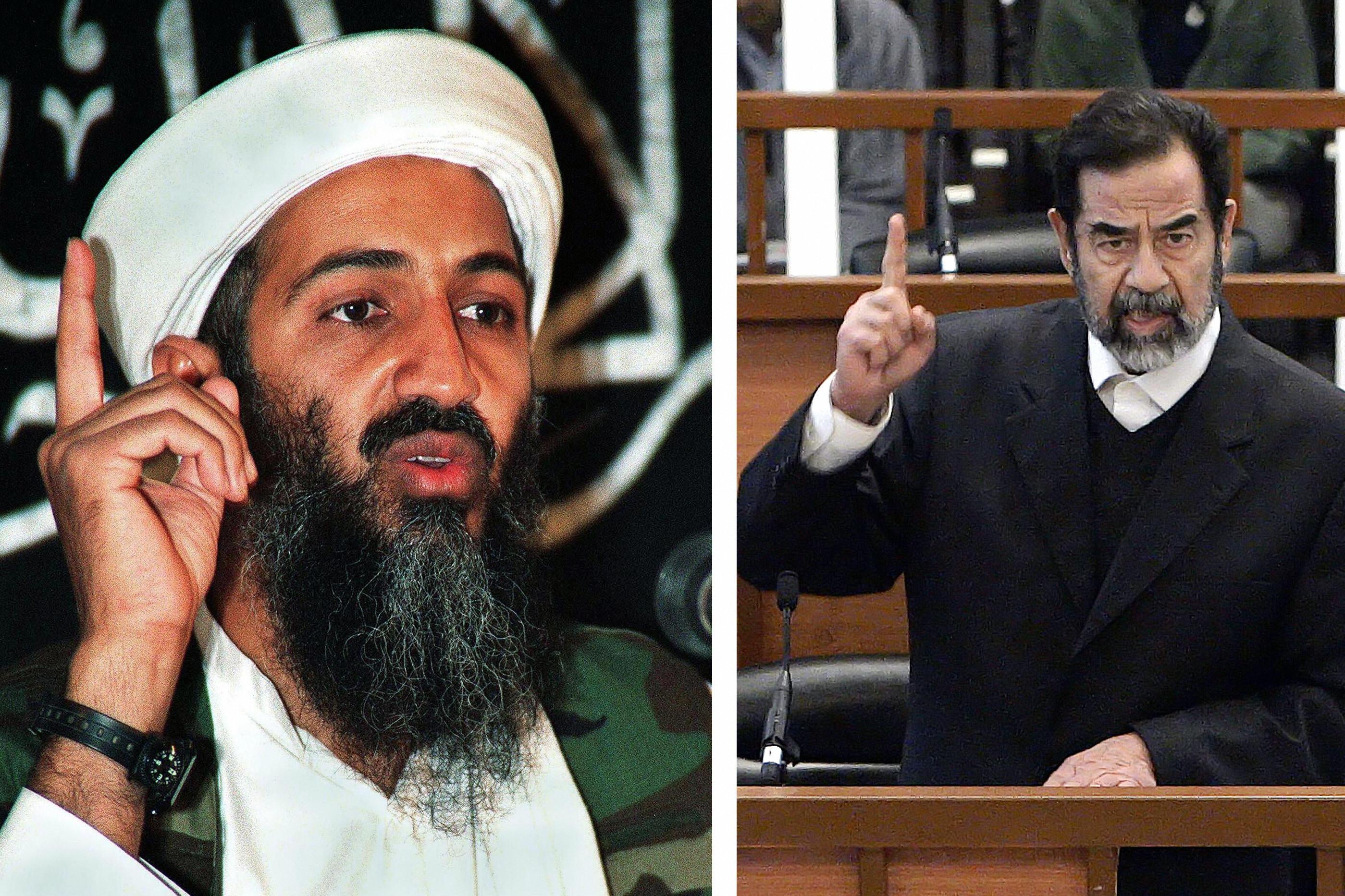 L: Osama bin Laden speaks with his right pointer in the air nest to him. R: Saddam Hussein speaks in court with his right pointer in the air in the same manner.